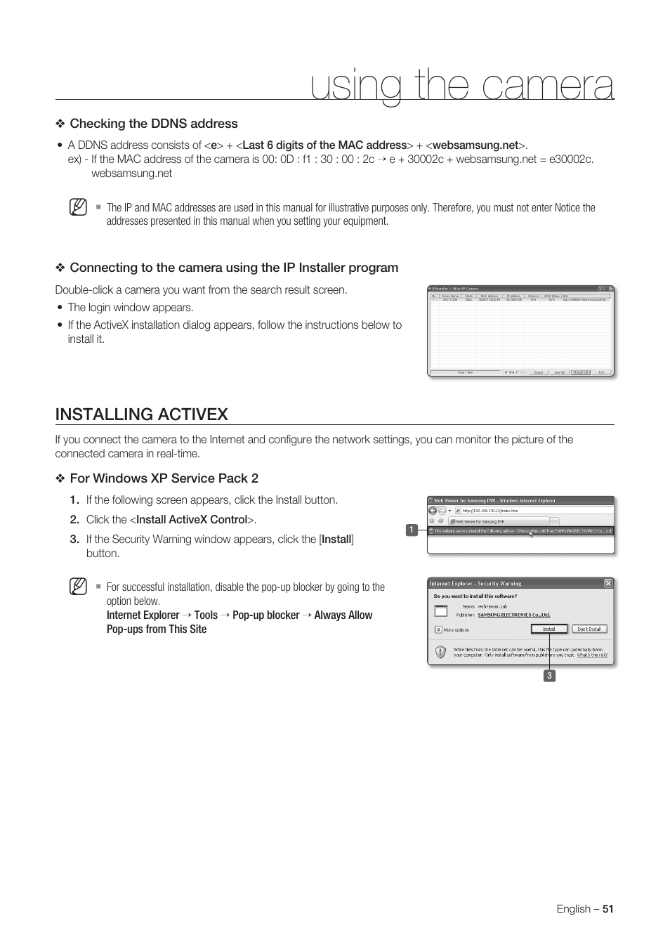 Using the camera, Installing activex | Samsung SNC-C6225 User Manual | Page 51 / 76