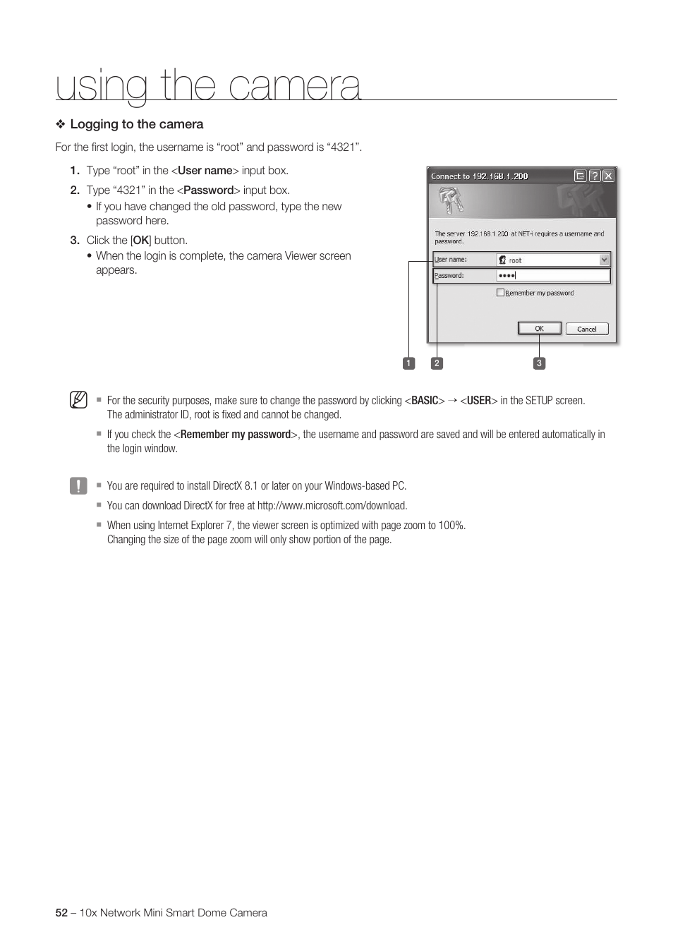 Using the camera | Samsung SNC-C6225 User Manual | Page 52 / 76