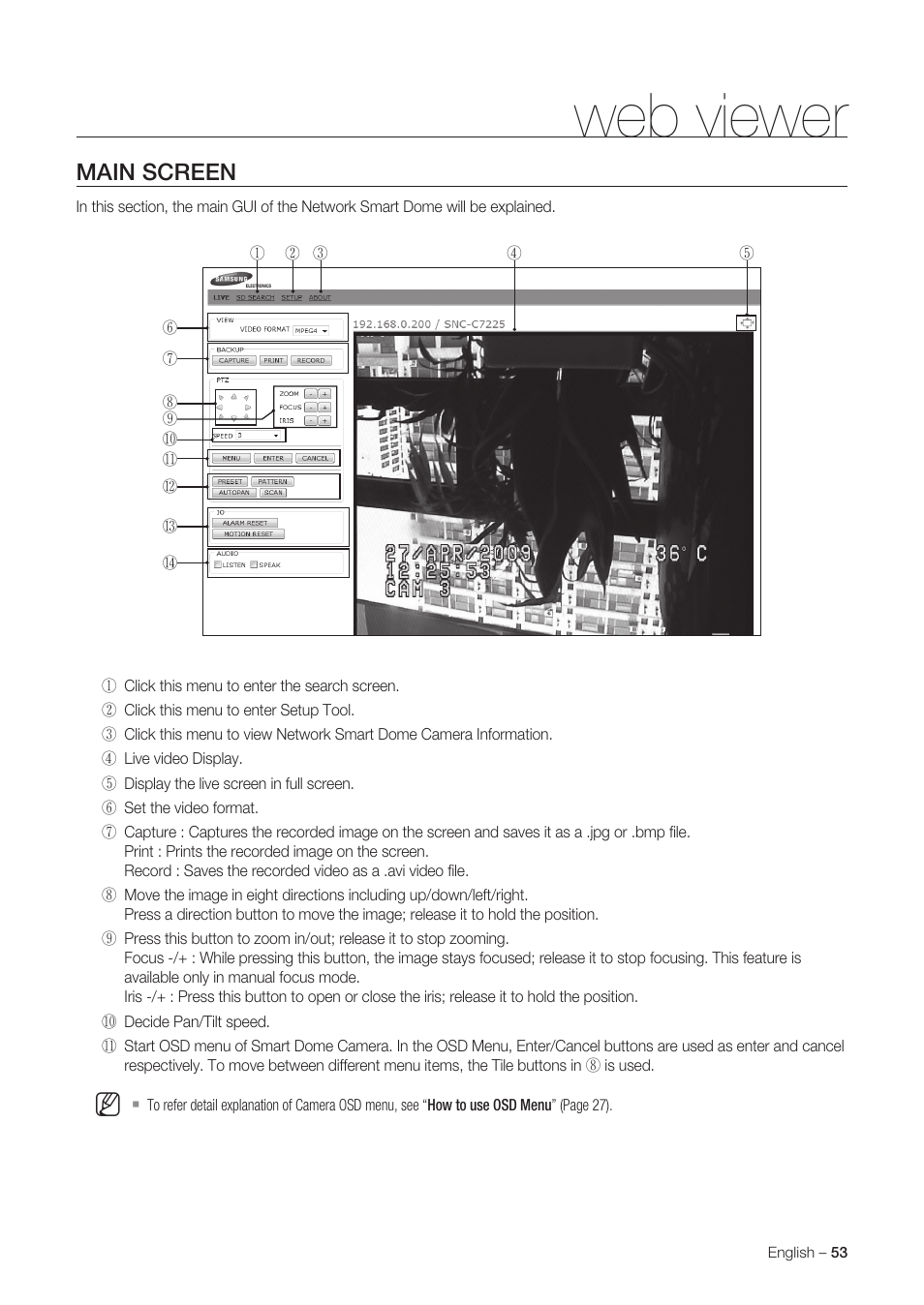 Web viewer, Main screen | Samsung SNC-C6225 User Manual | Page 53 / 76