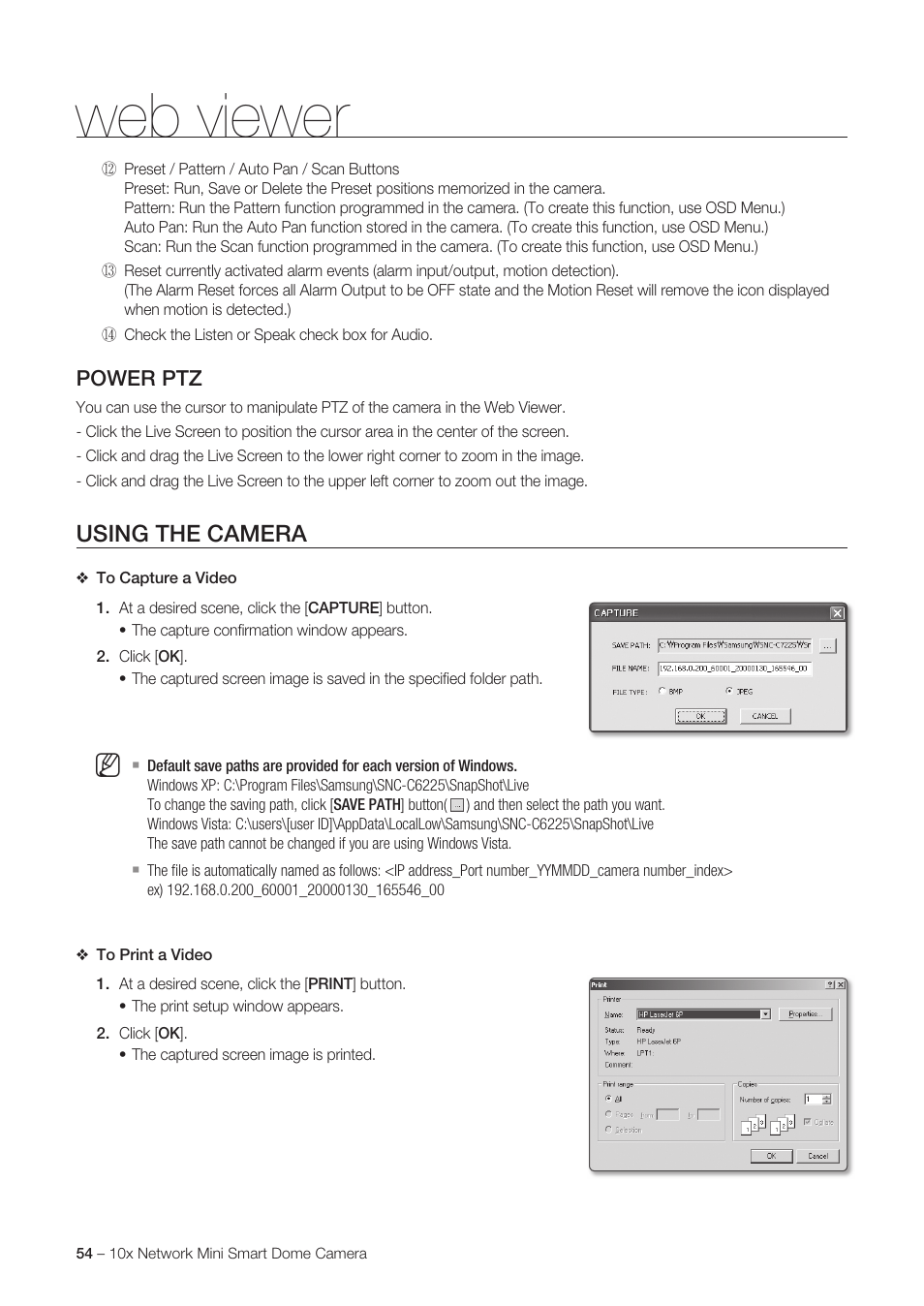 Web viewer, Using the camera, Power ptz | Samsung SNC-C6225 User Manual | Page 54 / 76