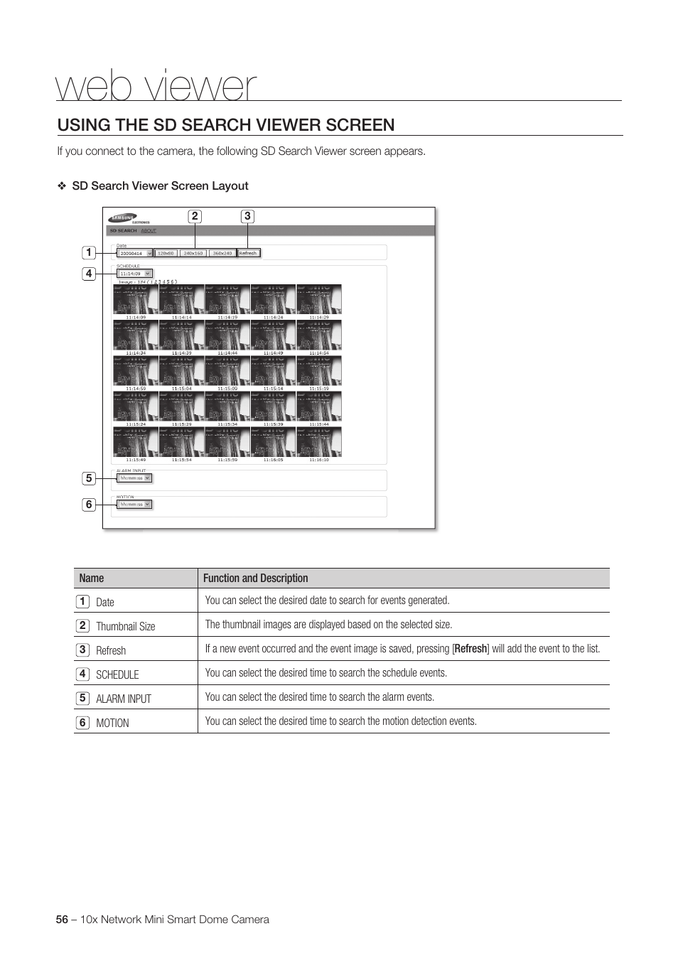 Web viewer, Using the sd search viewer screen | Samsung SNC-C6225 User Manual | Page 56 / 76