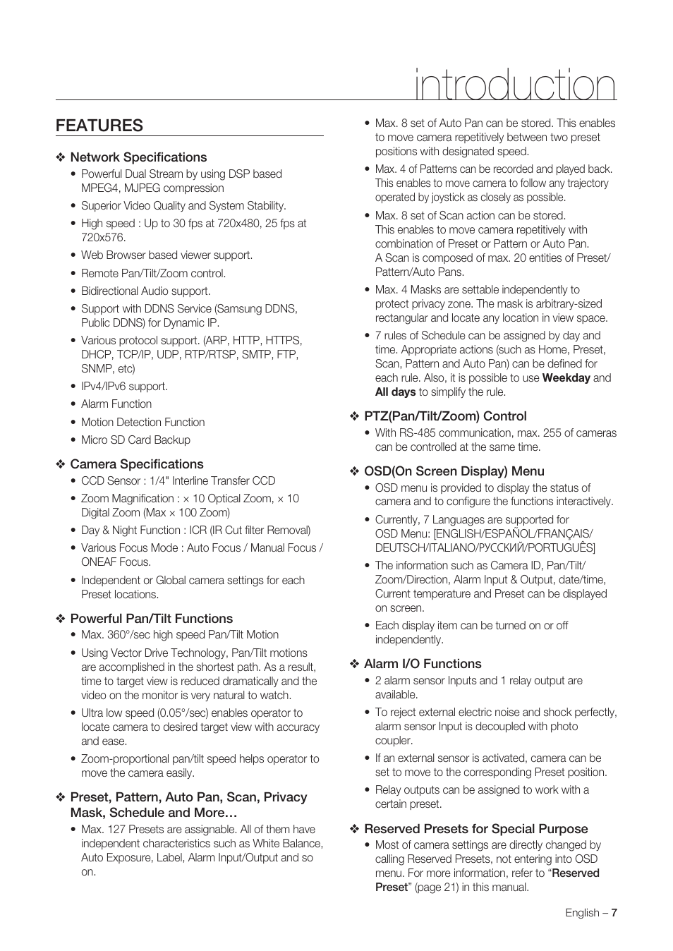 Introduction, Features | Samsung SNC-C6225 User Manual | Page 7 / 76