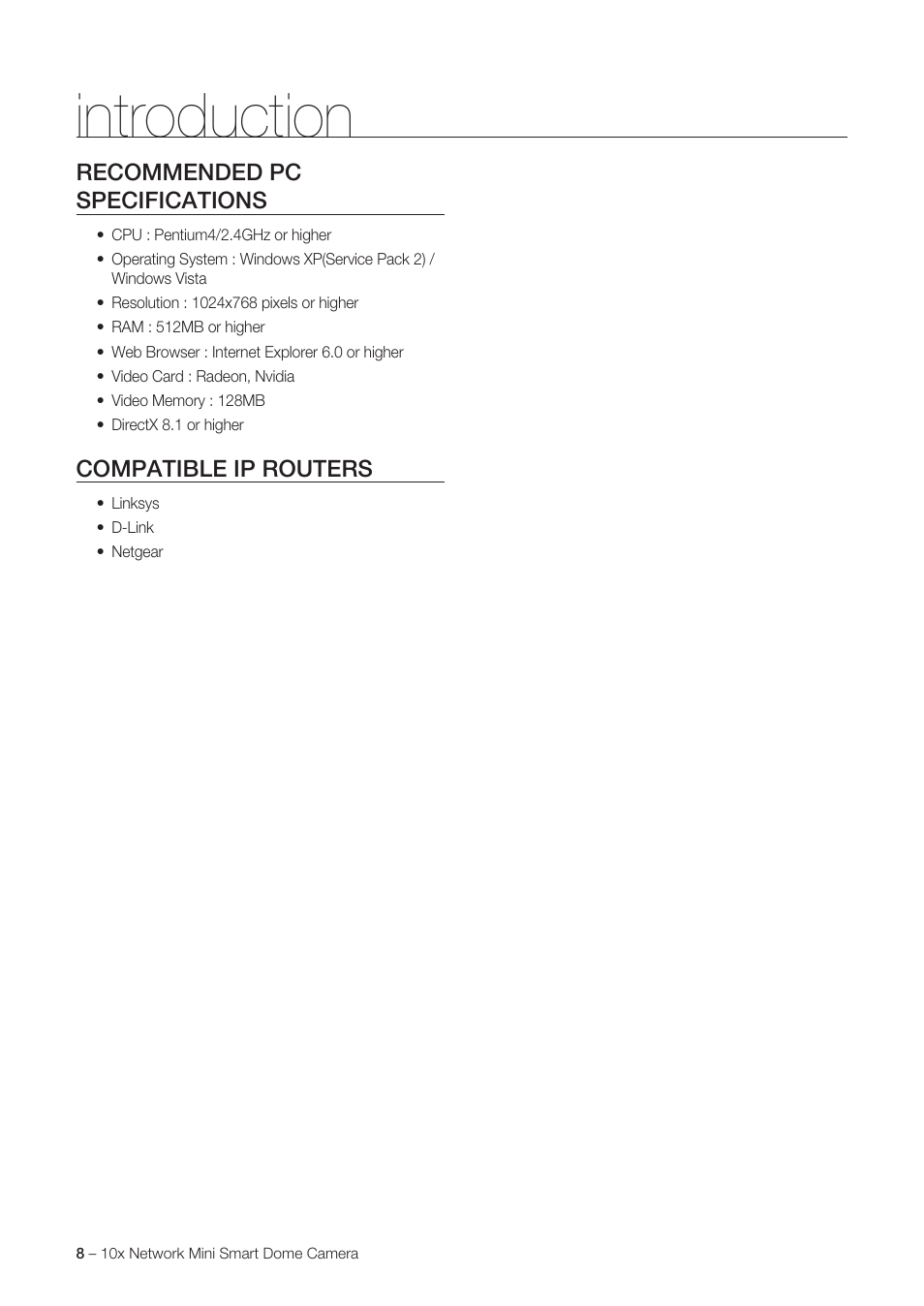 Introduction, Recommended pc specifications, Compatible ip routers | Samsung SNC-C6225 User Manual | Page 8 / 76