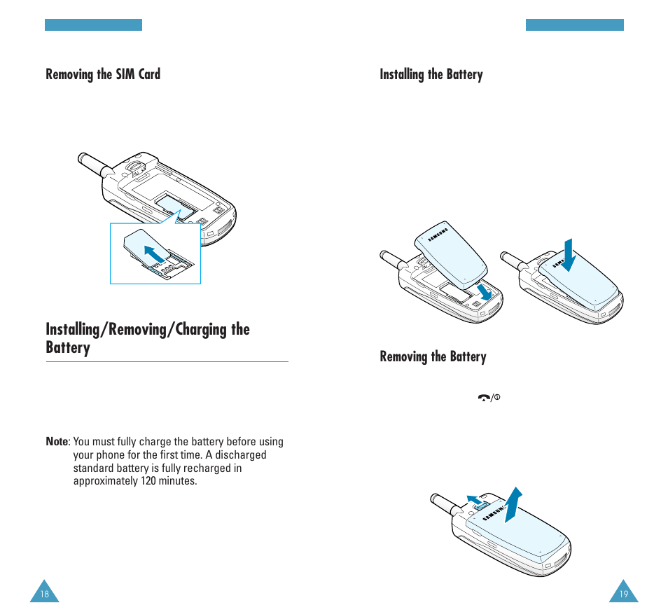Installing/removing/charging the battery, Removing the battery, Removing the sim card | Installing the battery | Samsung GH68-03213A User Manual | Page 10 / 82