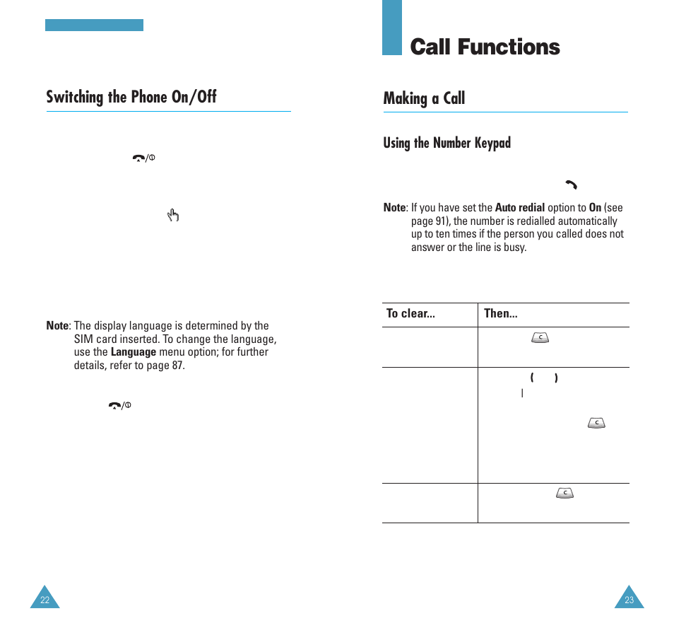Call functions, Making a call, Switching the phone on/off | Samsung GH68-03213A User Manual | Page 12 / 82