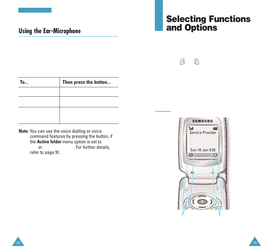 Selecting functions and options, Using the ear-microphone | Samsung GH68-03213A User Manual | Page 18 / 82