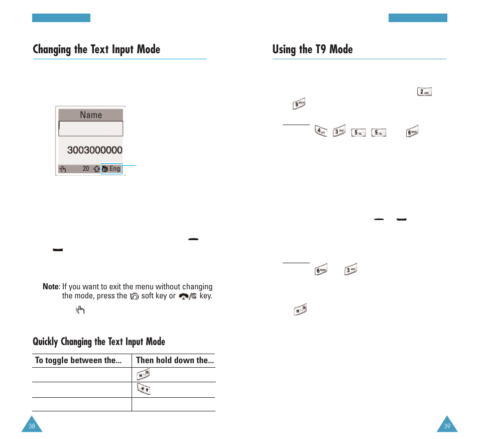 Using the t9 mode, Changing the text input mode, Quickly changing the text input mode | Samsung GH68-03213A User Manual | Page 20 / 82