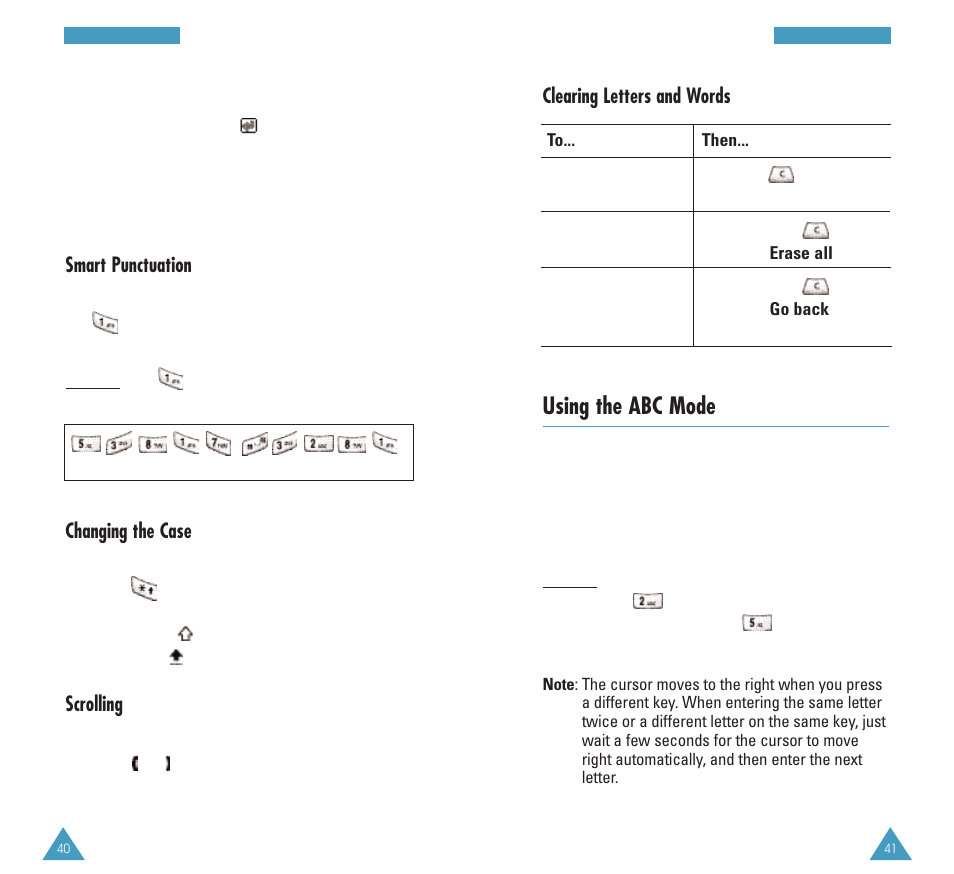 Using the abc mode, Smart punctuation, Changing the case | Scrolling, Clearing letters and words | Samsung GH68-03213A User Manual | Page 21 / 82