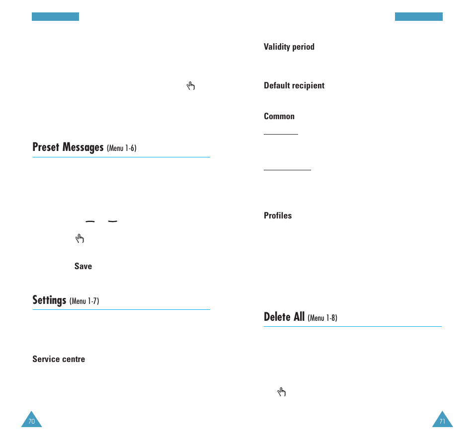 Delete all, Preset messages, Settings | Samsung GH68-03213A User Manual | Page 36 / 82