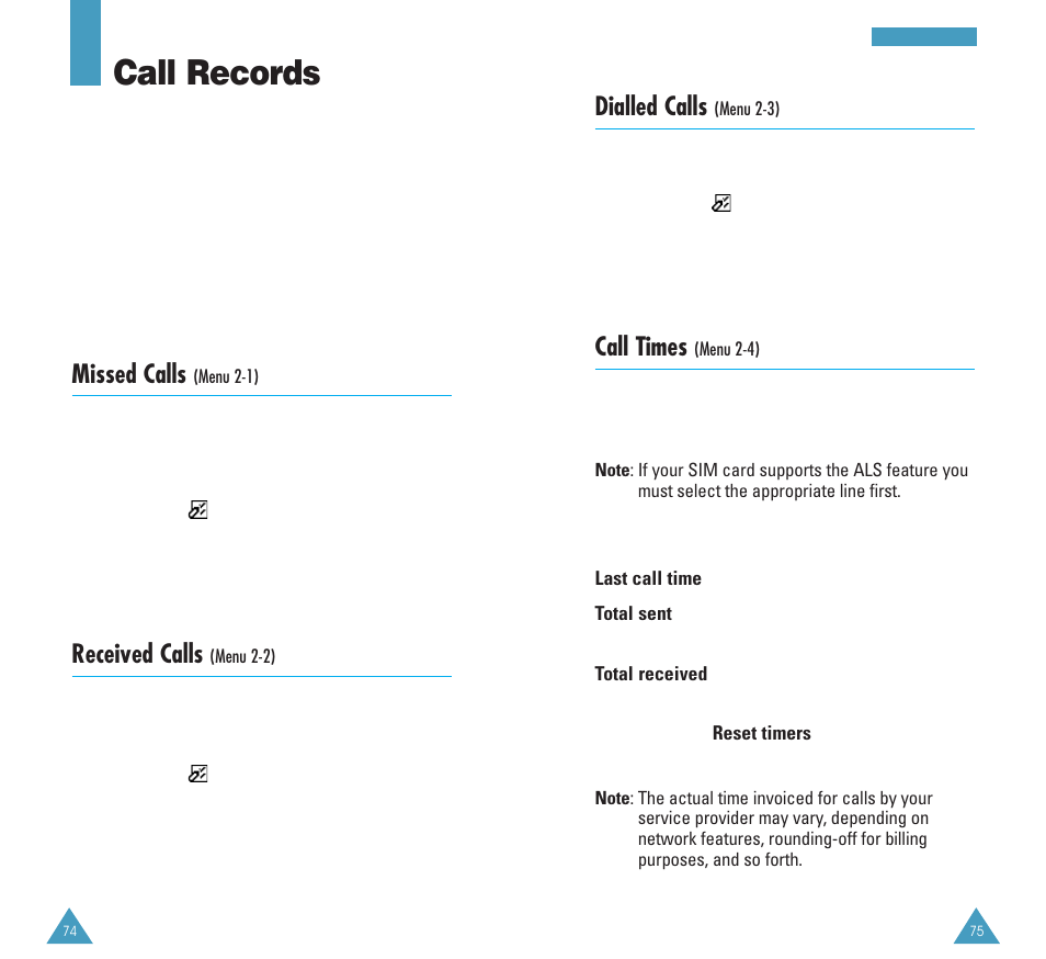 Call records, Dialled calls, Call times | Missed calls, Received calls | Samsung GH68-03213A User Manual | Page 38 / 82