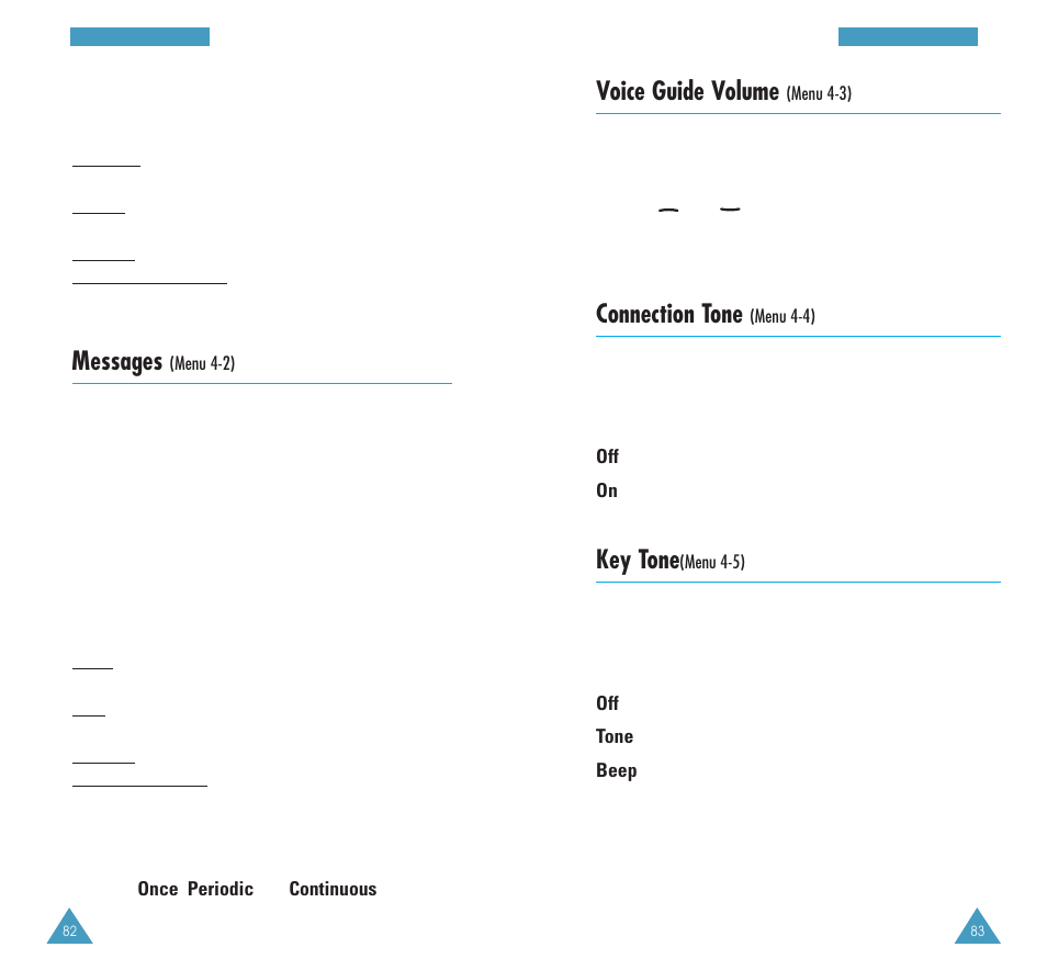 Voice guide volume, Connection tone, Key tone | Messages | Samsung GH68-03213A User Manual | Page 43 / 82