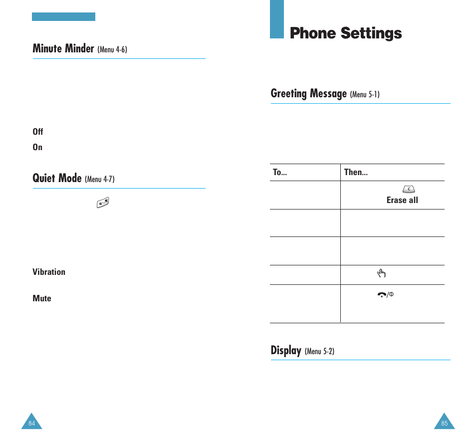 Phone settings, Greeting message, Display | Minute minder, Quiet mode | Samsung GH68-03213A User Manual | Page 44 / 82
