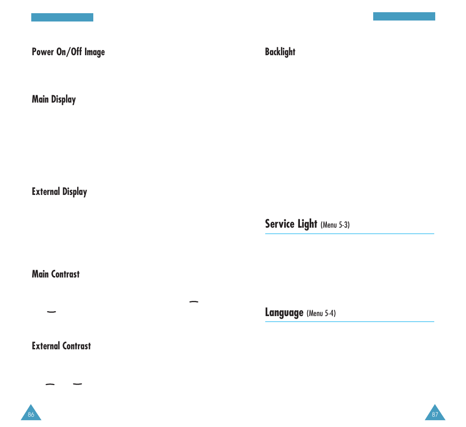 Service light, Language, Backlight | Power on/off image, Main display, External display, Main contrast, External contrast | Samsung GH68-03213A User Manual | Page 45 / 82