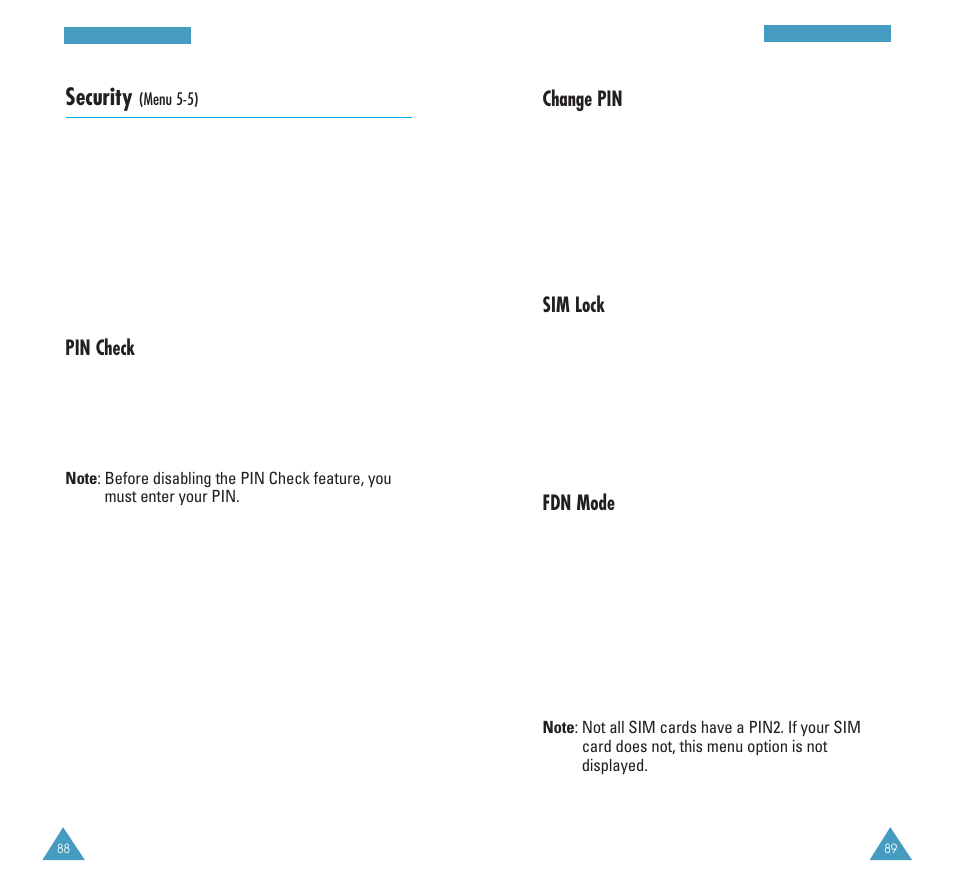 Security, Change pin, Sim lock | Fdn mode, Pin check | Samsung GH68-03213A User Manual | Page 46 / 82