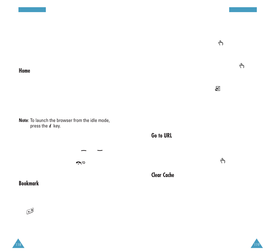 Go to url, Clear cache, Home | Bookmark | Samsung GH68-03213A User Manual | Page 62 / 82