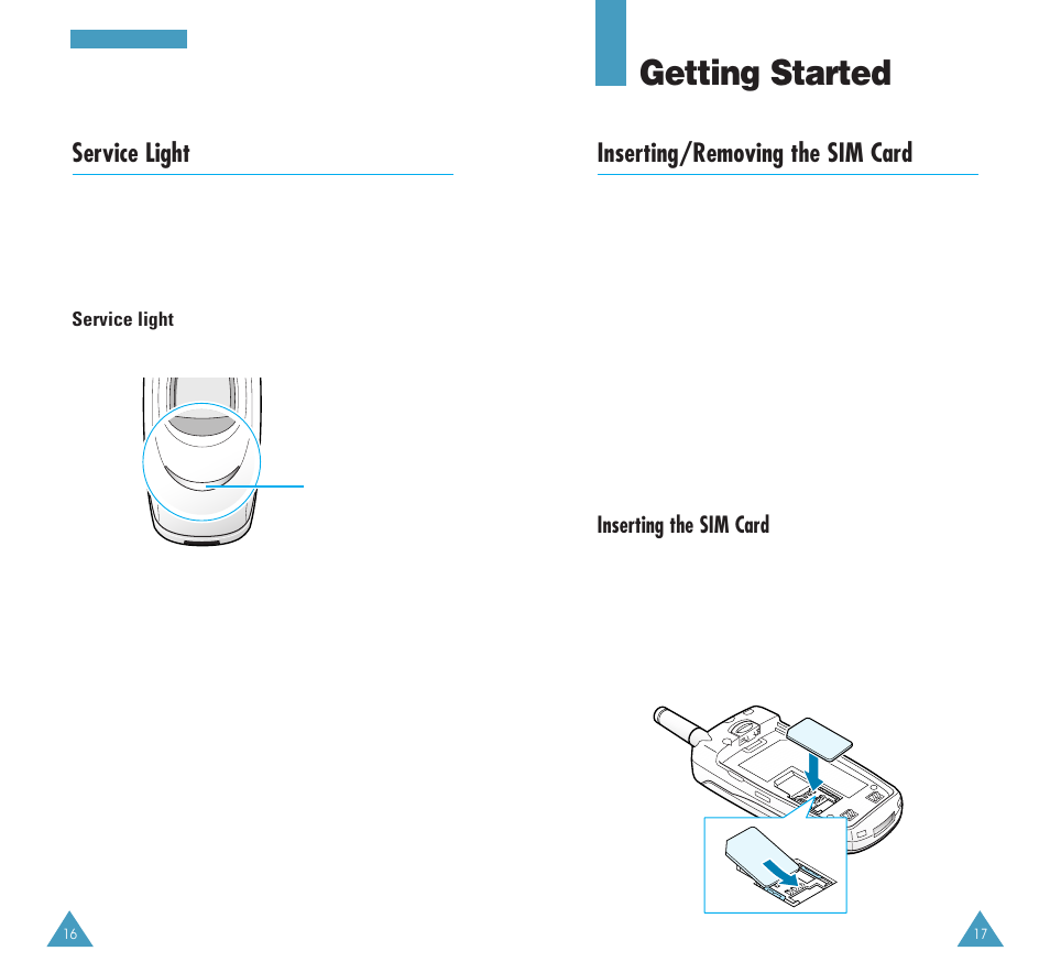 Getting started, Service light, Inserting/removing the sim card | Inserting the sim card | Samsung GH68-03213A User Manual | Page 9 / 82