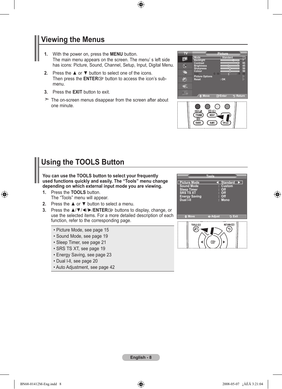 Viewing the menus, Using the tools button, Viewing the menus using the tools button | Samsung BN68-01412M-00 User Manual | Page 10 / 51