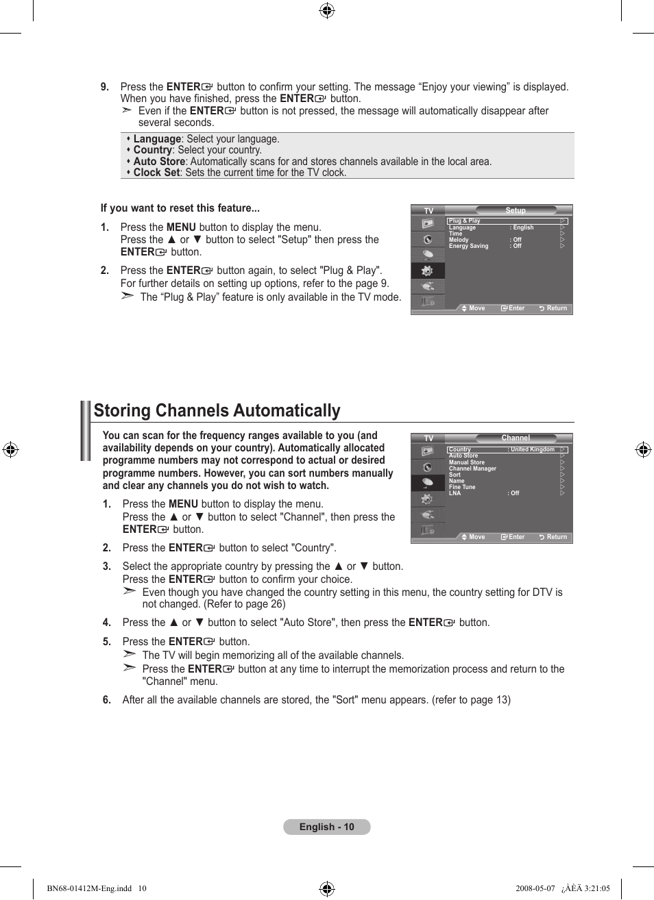 Setting the channels, Storing channels automatically | Samsung BN68-01412M-00 User Manual | Page 12 / 51