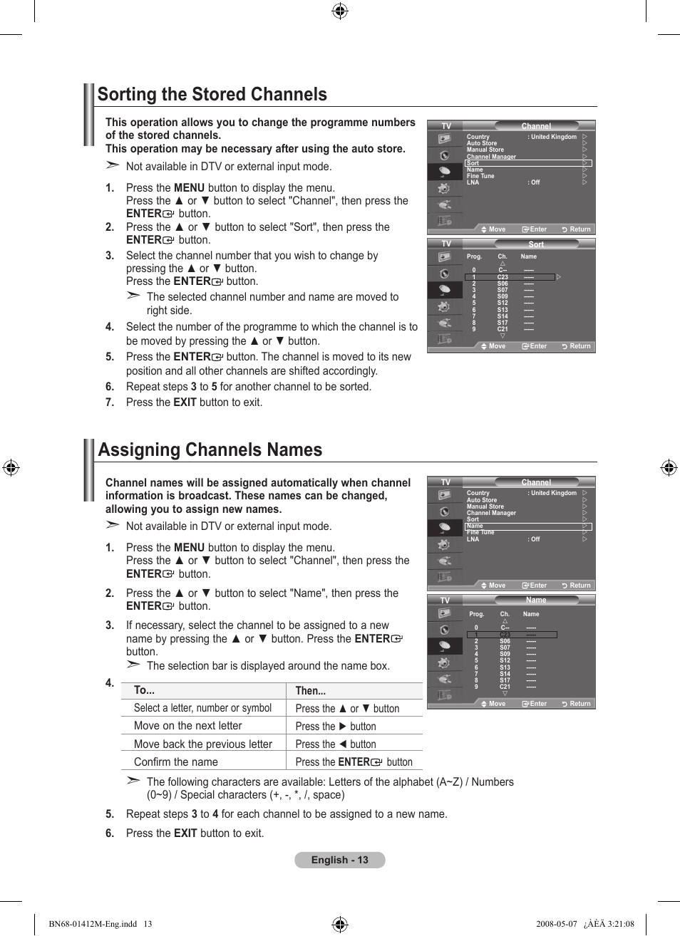 Sorting the stored channels, Assigning channels names | Samsung BN68-01412M-00 User Manual | Page 15 / 51