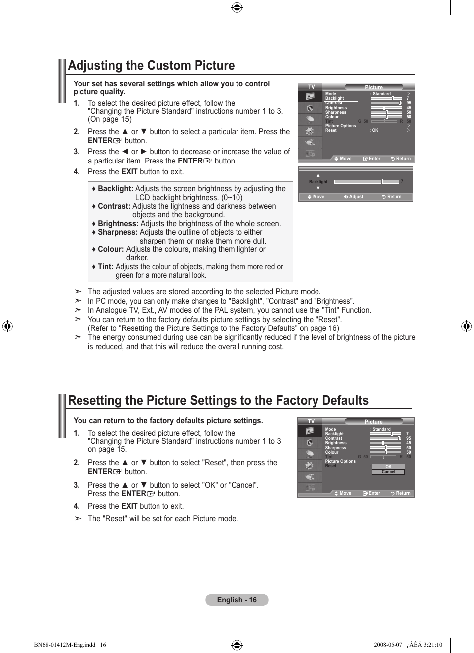 Adjusting the custom picture | Samsung BN68-01412M-00 User Manual | Page 18 / 51