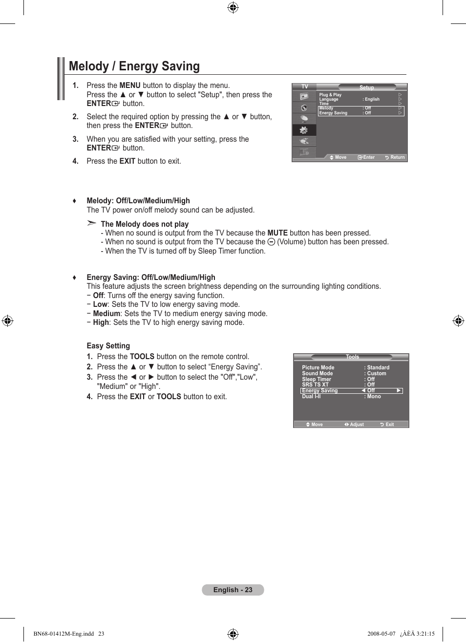 Melody / energy saving | Samsung BN68-01412M-00 User Manual | Page 25 / 51