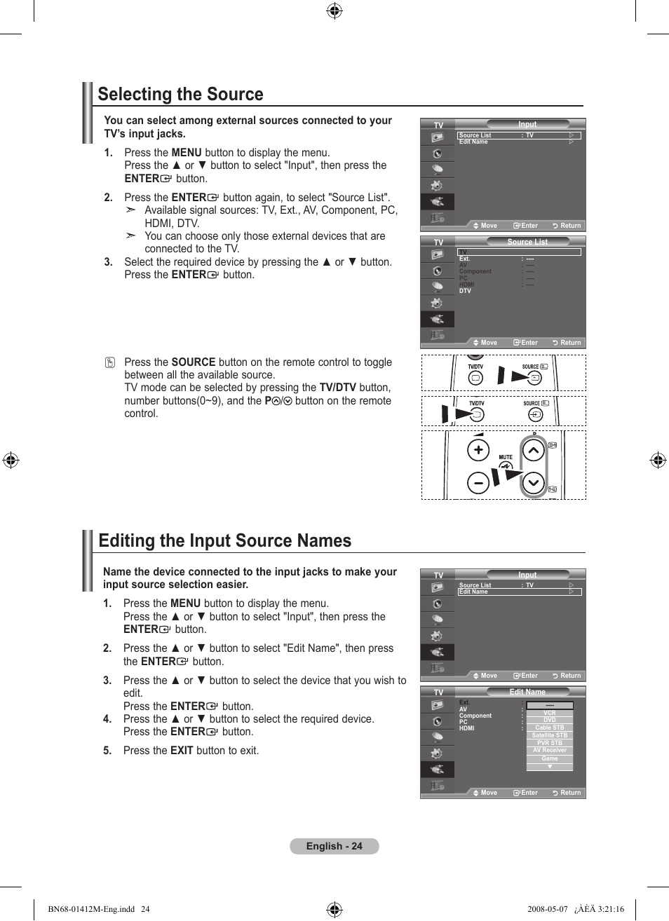 Selecting the source, Editing the input source names | Samsung BN68-01412M-00 User Manual | Page 26 / 51