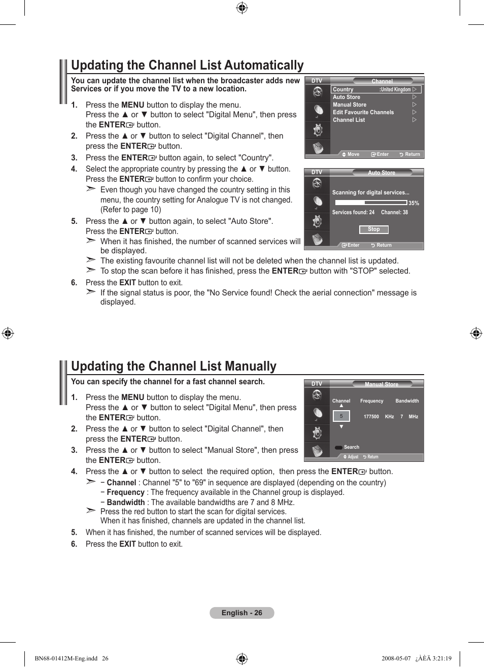 Updating the channel list automatically, Updating the channel list manually | Samsung BN68-01412M-00 User Manual | Page 28 / 51