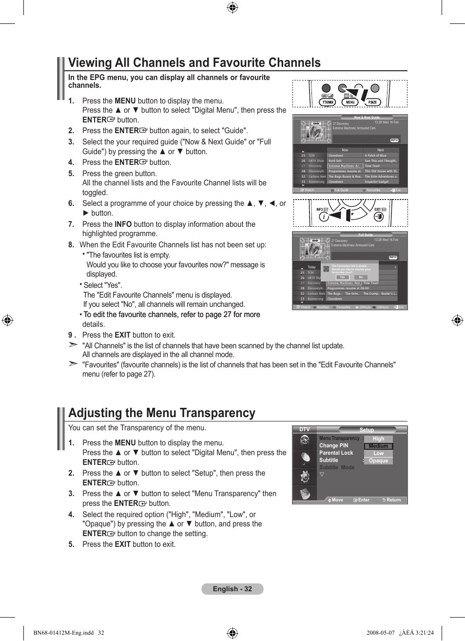 Viewing all channels and favourite channels, Adjusting the menu transparency | Samsung BN68-01412M-00 User Manual | Page 34 / 51