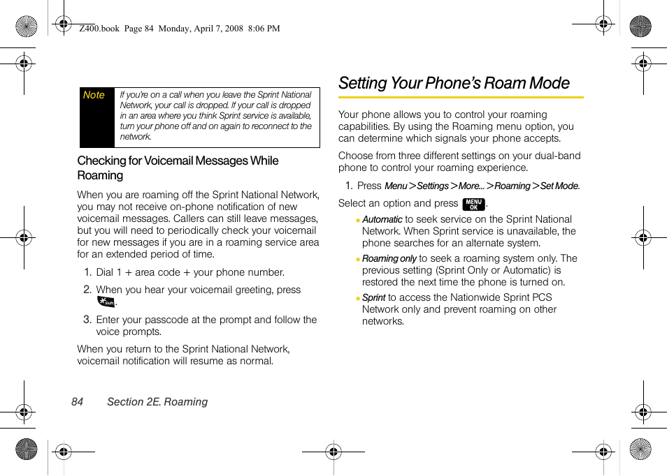 Setting your phone’s roam mode | Samsung Z400 User Manual | Page 100 / 213