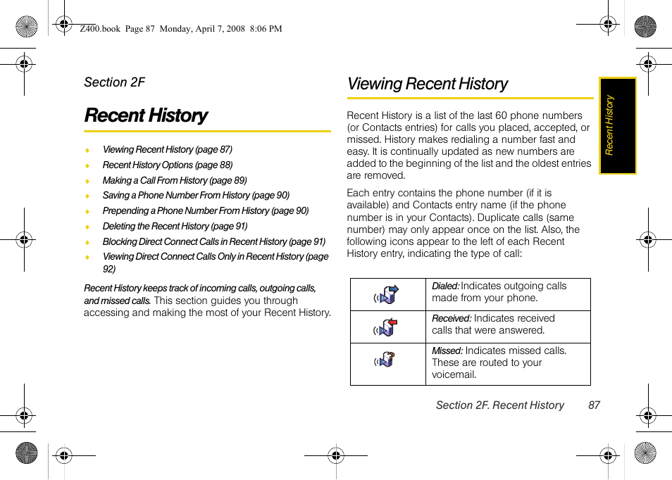 Recent history, Viewing recent history, 2f. recent history | Samsung Z400 User Manual | Page 103 / 213