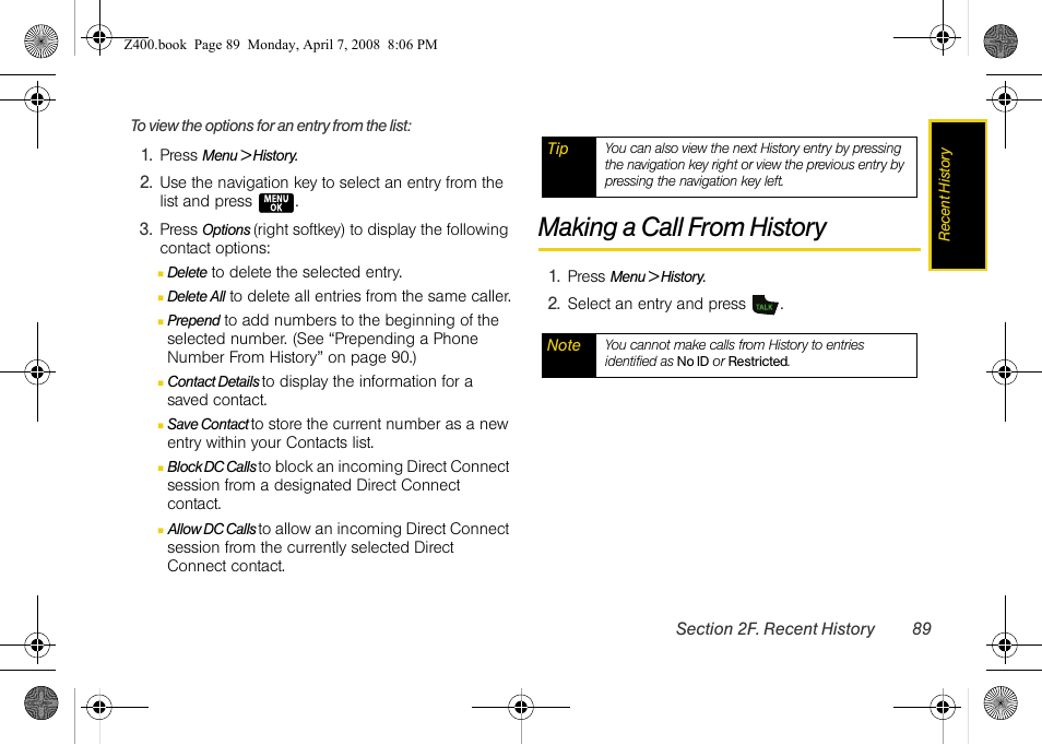 Making a call from history | Samsung Z400 User Manual | Page 105 / 213