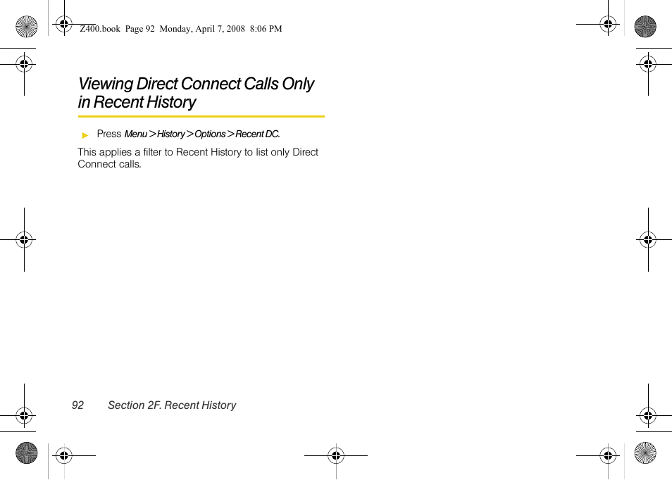 Viewing direct connect calls only in, Recent history | Samsung Z400 User Manual | Page 108 / 213