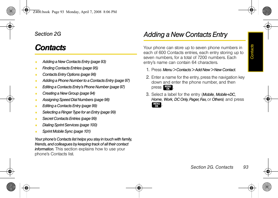 Contacts, Adding a new contacts entry, 2g. contacts | Samsung Z400 User Manual | Page 109 / 213