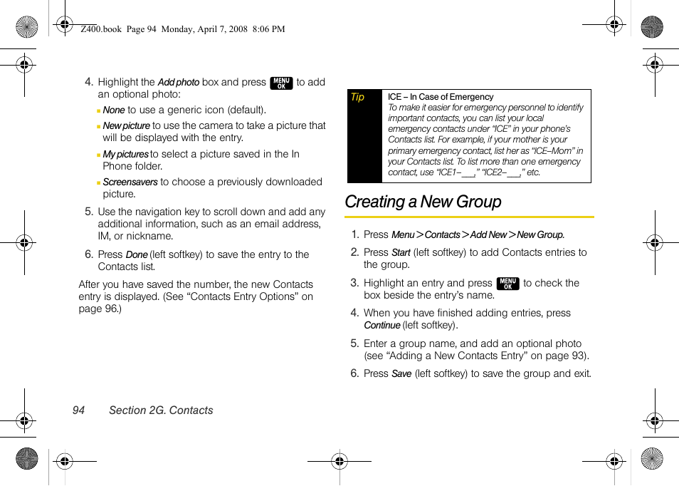 Creating a new group | Samsung Z400 User Manual | Page 110 / 213