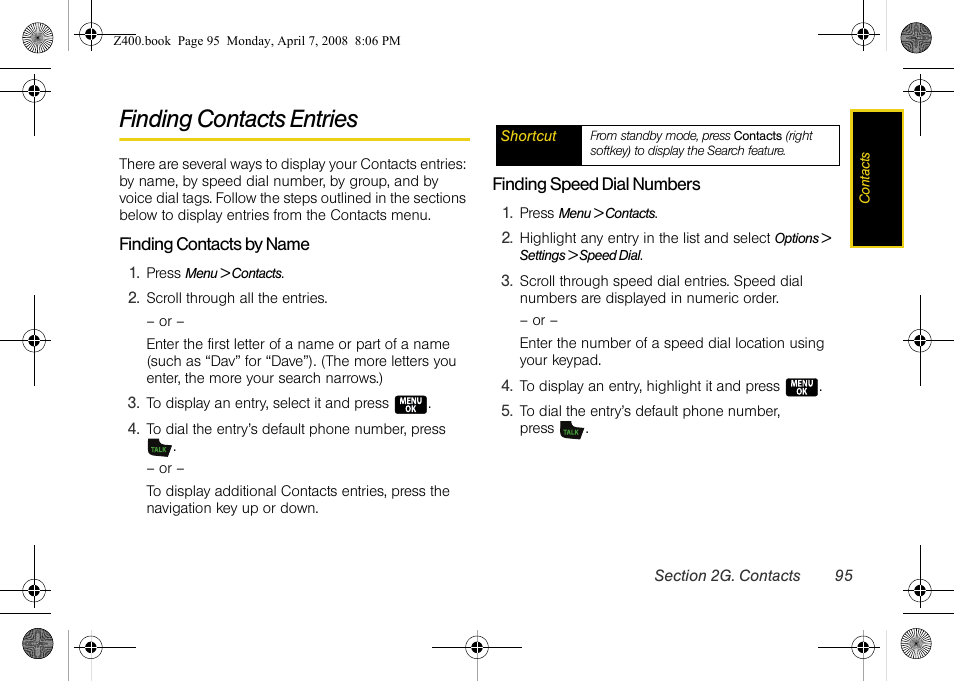 Finding contacts entries | Samsung Z400 User Manual | Page 111 / 213