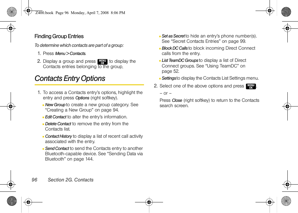 Contacts entry options | Samsung Z400 User Manual | Page 112 / 213