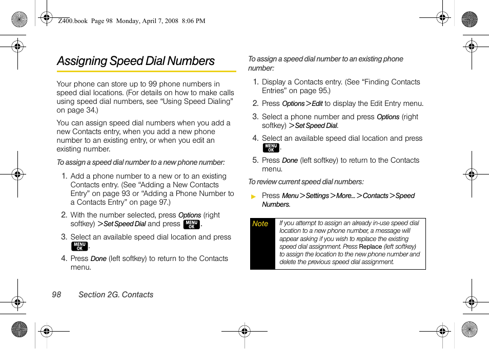 Assigning speed dial numbers | Samsung Z400 User Manual | Page 114 / 213