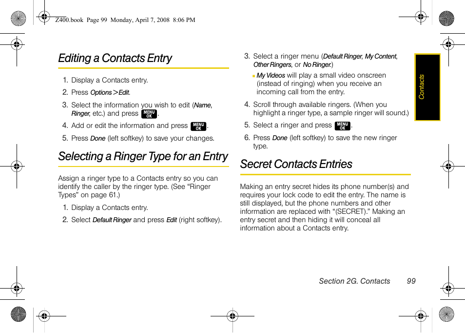 Editing a contacts entry, Selecting a ringer type for an entry, Secret contacts entries | Samsung Z400 User Manual | Page 115 / 213