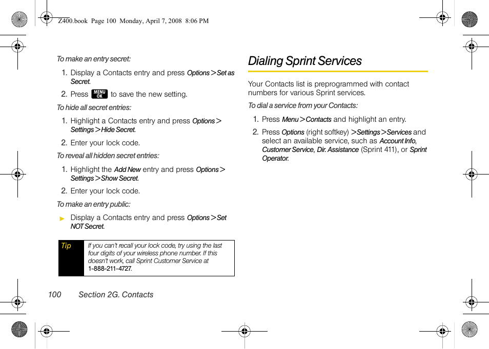 Dialing sprint services | Samsung Z400 User Manual | Page 116 / 213