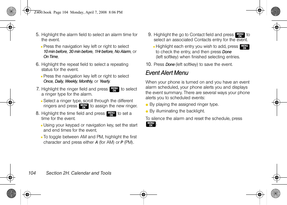 Event alert menu | Samsung Z400 User Manual | Page 120 / 213
