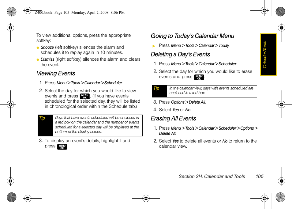 Viewing events, Going to today’s calendar menu, Deleting a day’s events | Erasing all events | Samsung Z400 User Manual | Page 121 / 213