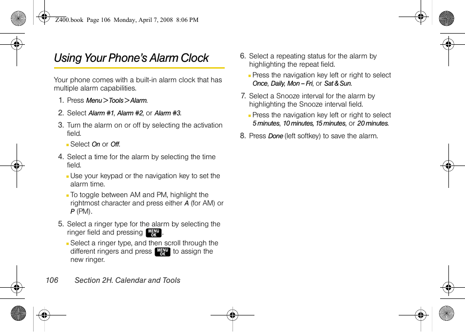 Using your phone’s alarm clock | Samsung Z400 User Manual | Page 122 / 213