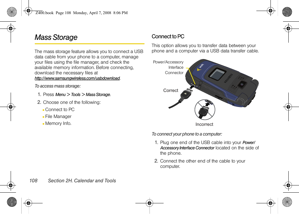 Mass storage | Samsung Z400 User Manual | Page 124 / 213