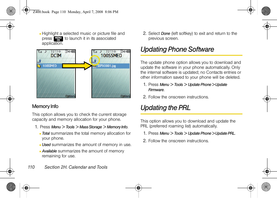 Updating phone software, Updating the prl | Samsung Z400 User Manual | Page 126 / 213