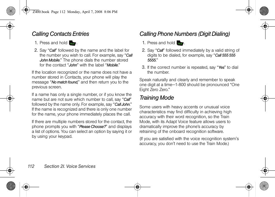 Calling contacts entries, Calling phone numbers (digit dialing), Training mode | Samsung Z400 User Manual | Page 128 / 213