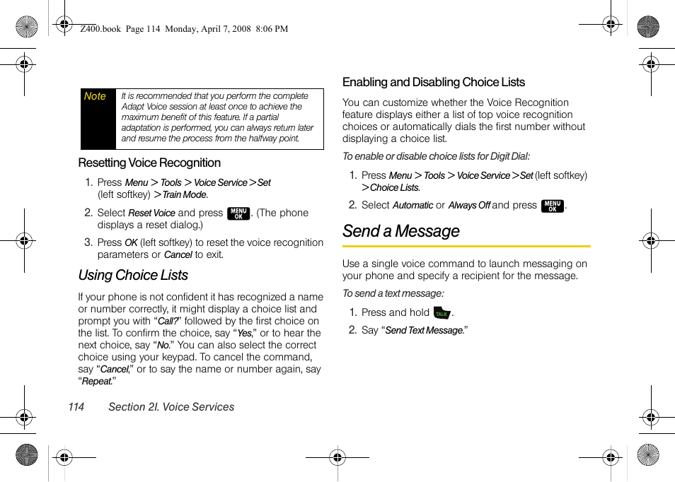 Using choice lists, Send a message | Samsung Z400 User Manual | Page 130 / 213