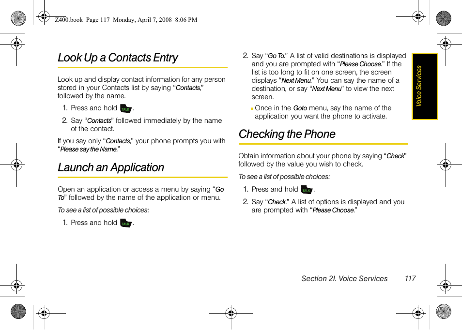 Look up a contacts entry, Launch an application, Checking the phone | Samsung Z400 User Manual | Page 133 / 213