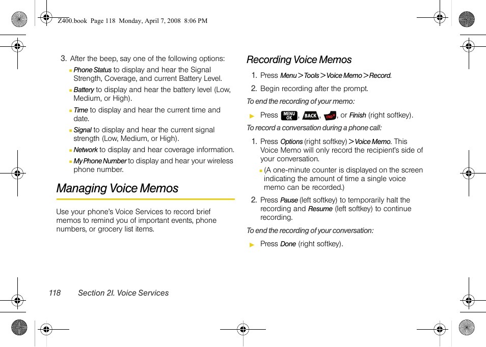 Managing voice memos, Recording voice memos | Samsung Z400 User Manual | Page 134 / 213