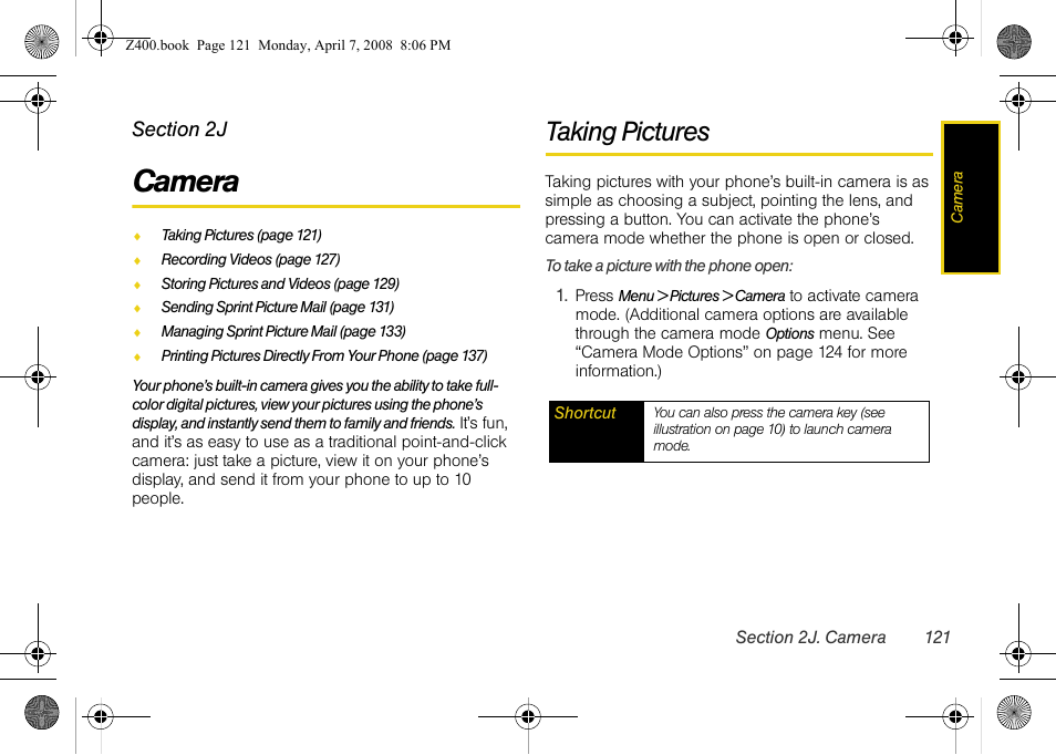 Camera, Taking pictures, 2j. camera | Samsung Z400 User Manual | Page 137 / 213