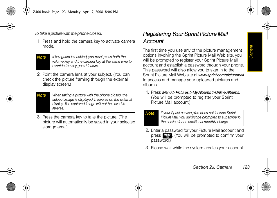 Registering your sprint picture mail account | Samsung Z400 User Manual | Page 139 / 213